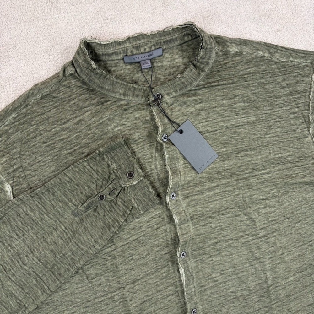 John‎ Varvatos Trinity Band Collar Shirt in Turtle Green 100% Linen Men 2XL $298
